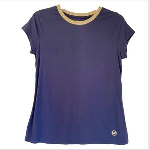 Michael Kors Navy Cotton T-Shirt Gold Trim Crew Neck Logo Top Sz Sm